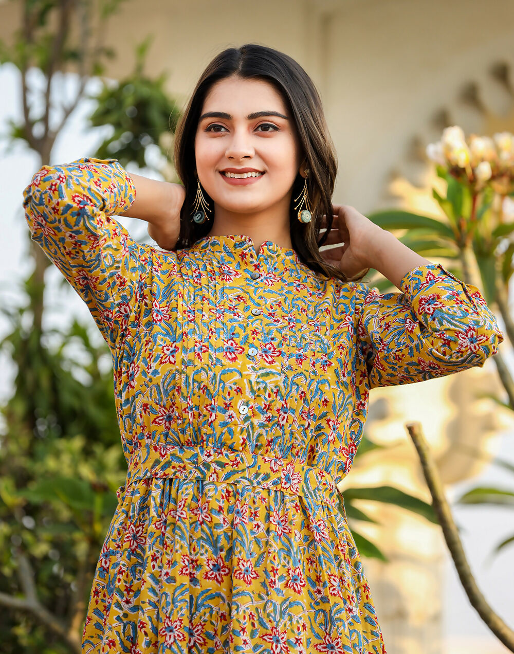 Kaajh Women's Yellow Floral Handblock Print Cotton Dress - Distacart