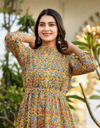 Kaajh Women's Yellow Floral Handblock Print Cotton Dress - Distacart
