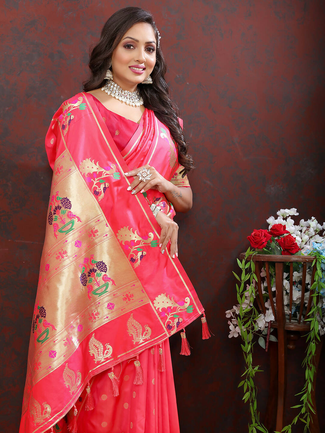 Lorenvalley Fashion Peach Soft Paithani Silk Woven Design Gold Zari Meenakari Weaving Saree