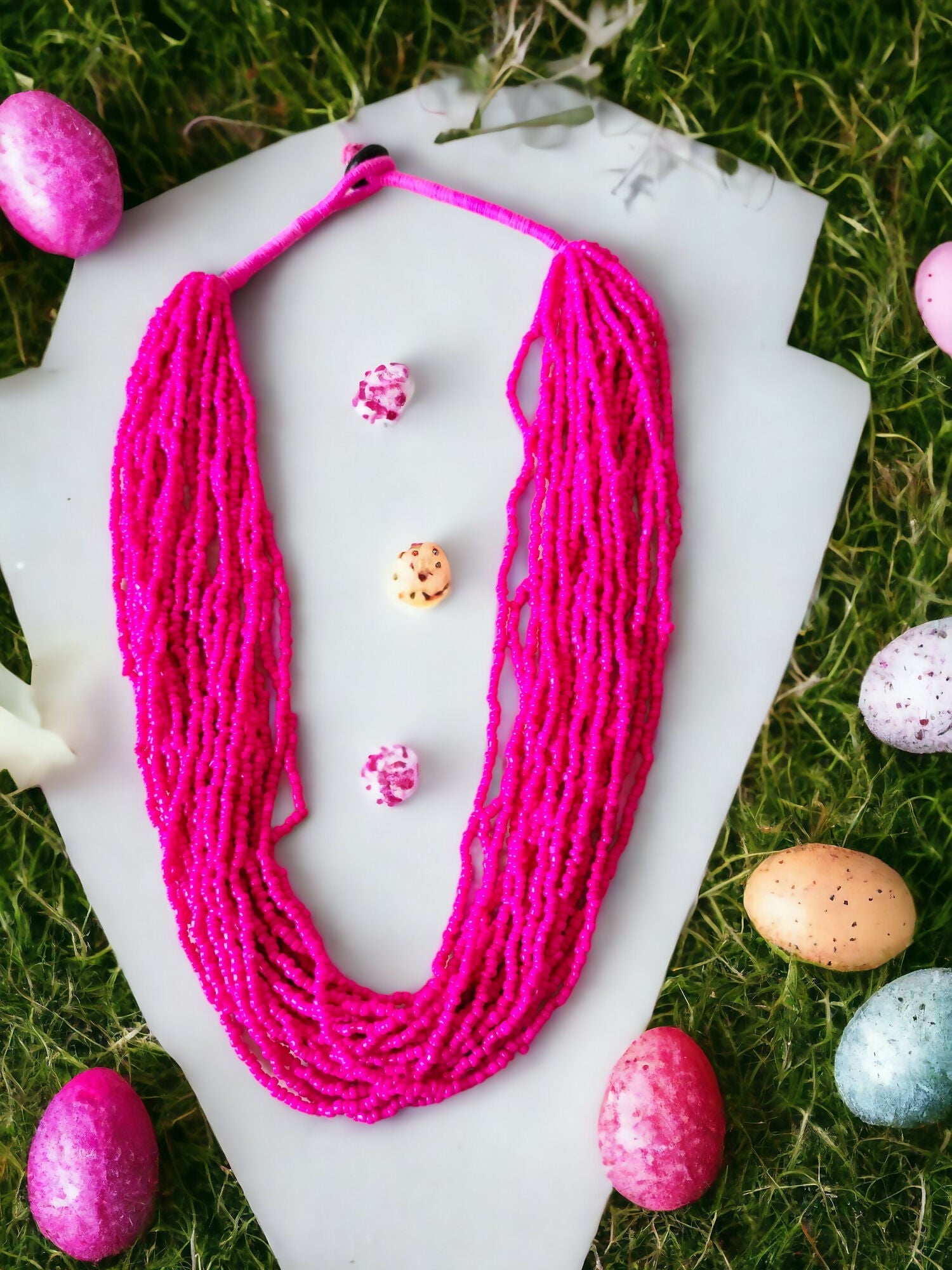Inhanns Handmade Beaded Multilayer Necklace, 20 Layers - Hot Pink