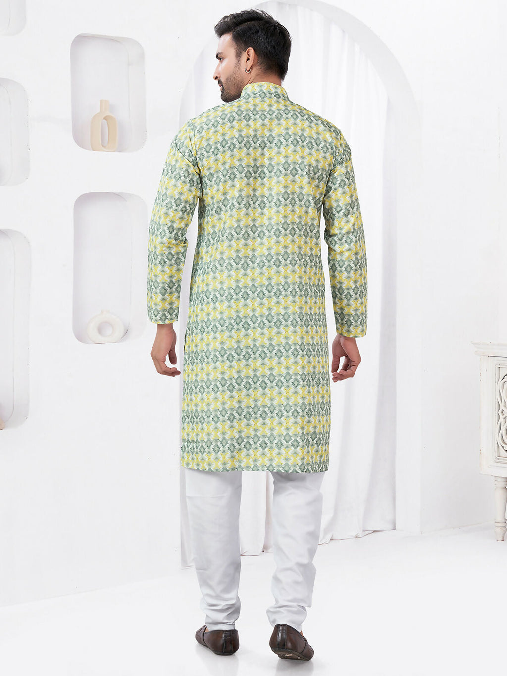 Joban Fashion Men's Rayon Cotton YELLOW Printed Kurta Pyjama set