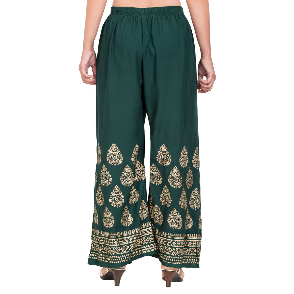 PAVONINE Bottle Green Color Golden Printed Rayon Fabric Sharara For Women & Girls - Distacart