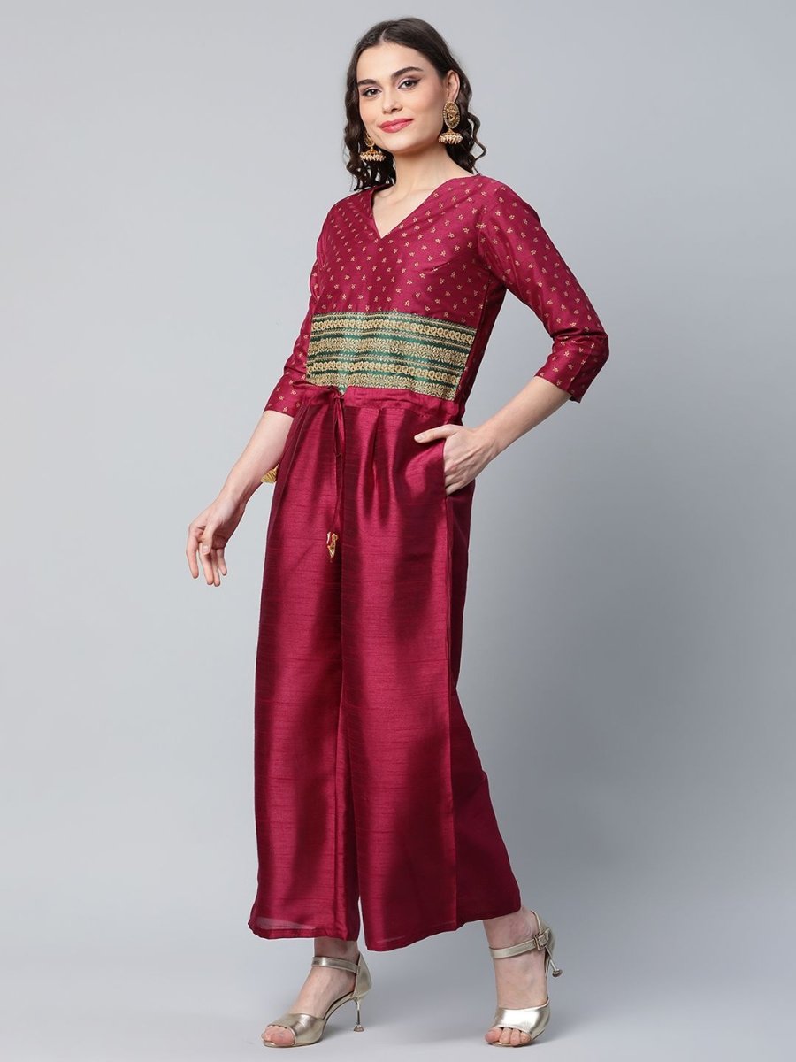 Ahalyaa Womens Burgundy crepe Printed Jumpsuit