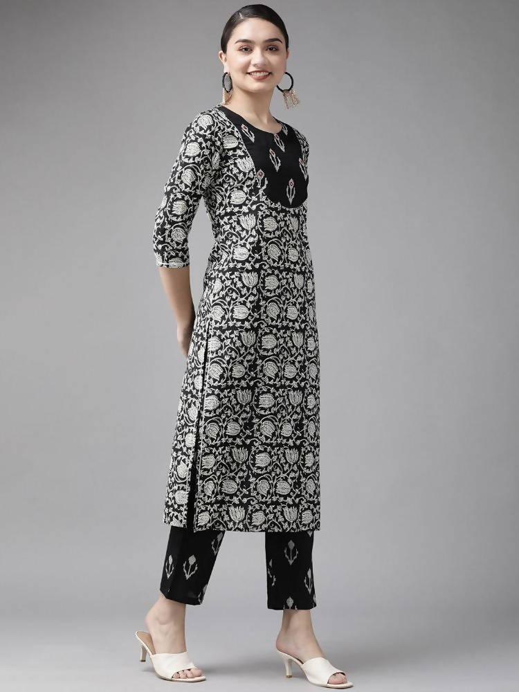Yufta Black & Off-White Ethnic Screen Print Cotton Straight Kurta Palazzo & Dupatta
