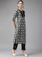 Yufta Black & Off-White Ethnic Screen Print Cotton Straight Kurta Palazzo & Dupatta