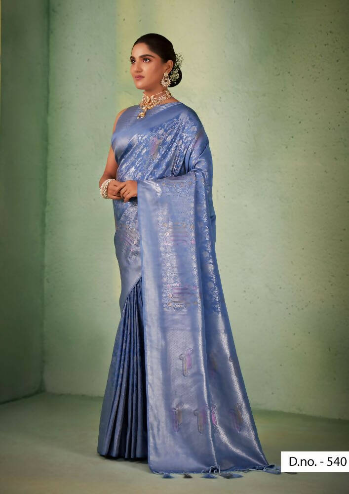 Charming Designer Greyish Blue Color Kanjivaram Silk Saree With Weaving Work - Yomika Fashions