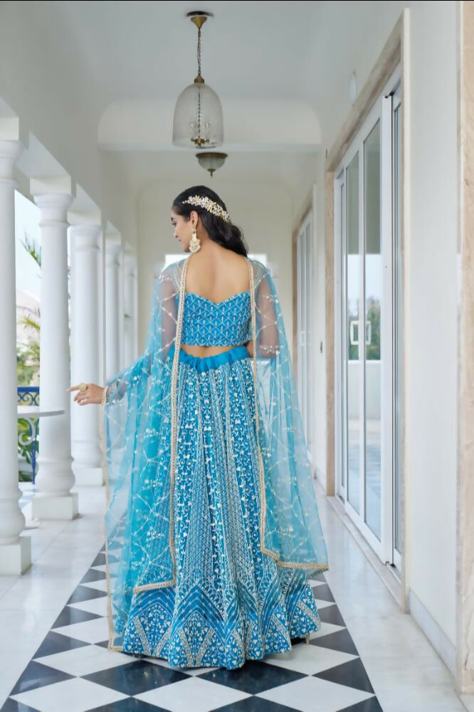 Aastha Fashion Sky Blue Butterfly Net White Cotton Thread Work And Sequence Work Embroidery Wedding Wear Lehenga Choli