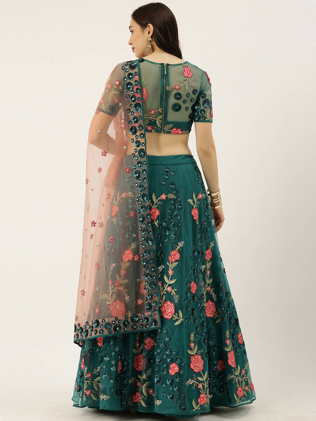 House of Panchhi Teal Net Semi stitched Coding, Sequins and Saroski Stone Work Lehenga Choli