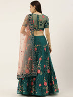 House of Panchhi Teal Net Semi stitched Coding, Sequins and Saroski Stone Work Lehenga Choli