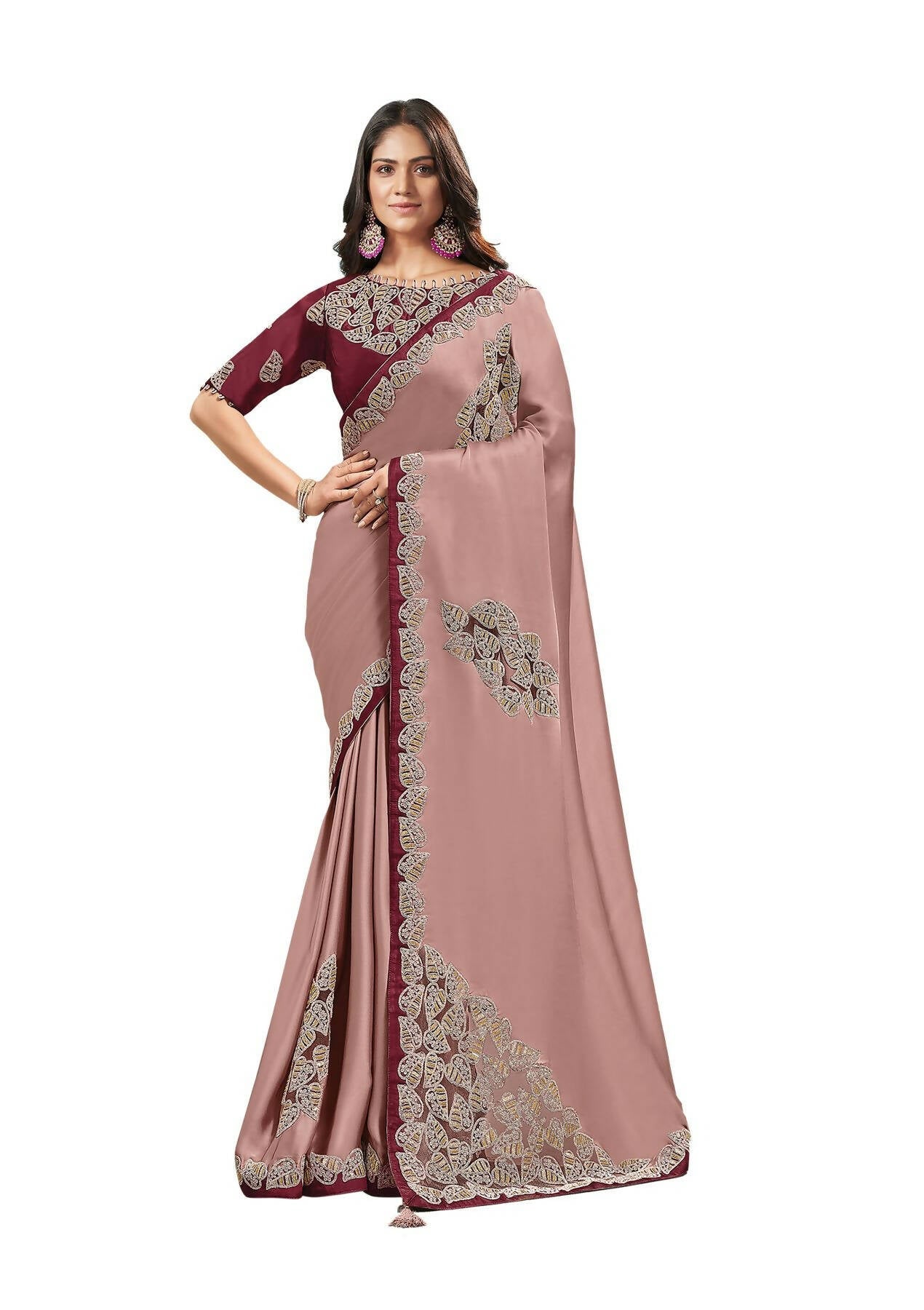 Rose Pink Silk Satin Embroidered Saree With Unstitched Blouse Piece - Norita Ikshita