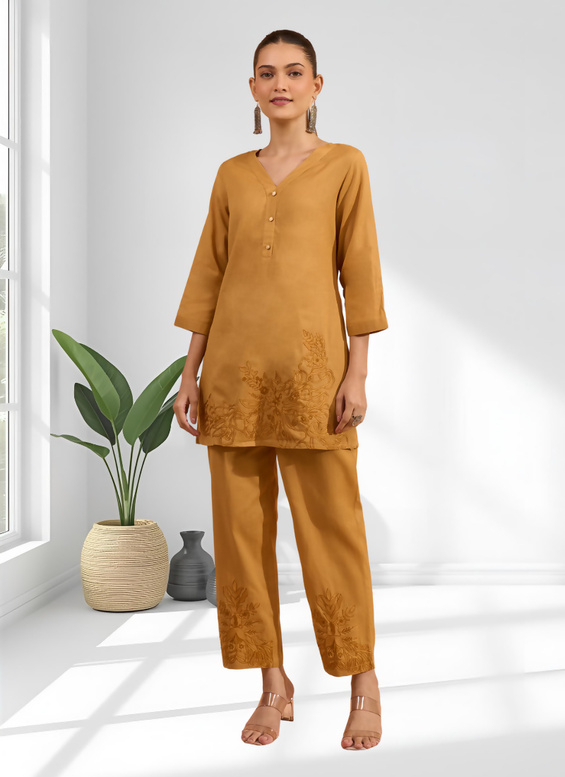 Joban Fashion Coral Cotton, Linen Embroidered Readymade Cord Set - Distacart