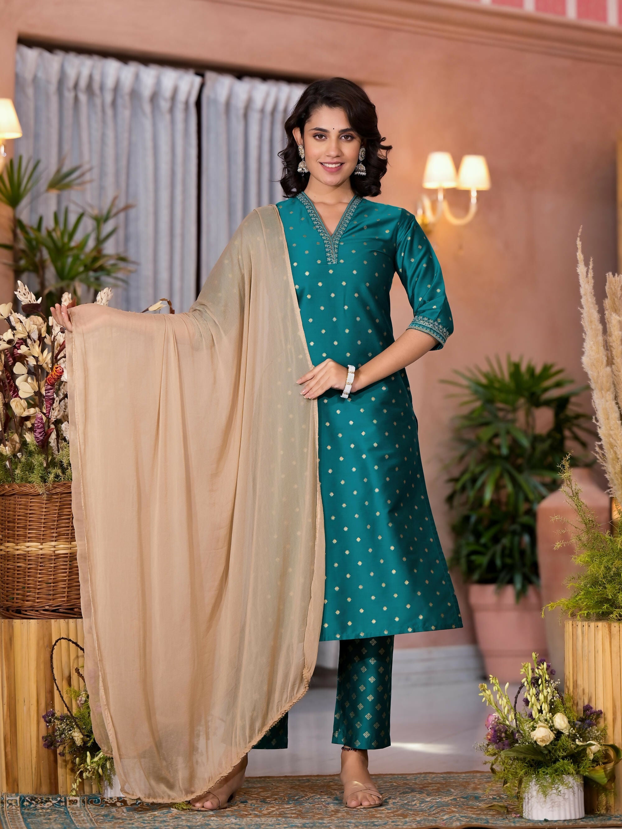 Juniper Women's Rama Green Ethnic Motif Printed Cotton Kurta Pant And Dupatta Set With Zari Work