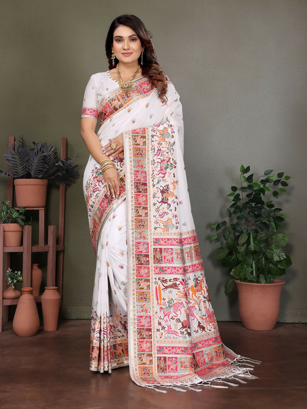 Joban Fashion White Thread Woven Pashmina Sarees
