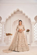 Aastha Fashion Dusty Chiku Butterfly Net White Cotton Thread Work, Zari Work And Sandwich Sequence Work Embroidery Wedding Wear Lehenga Choli