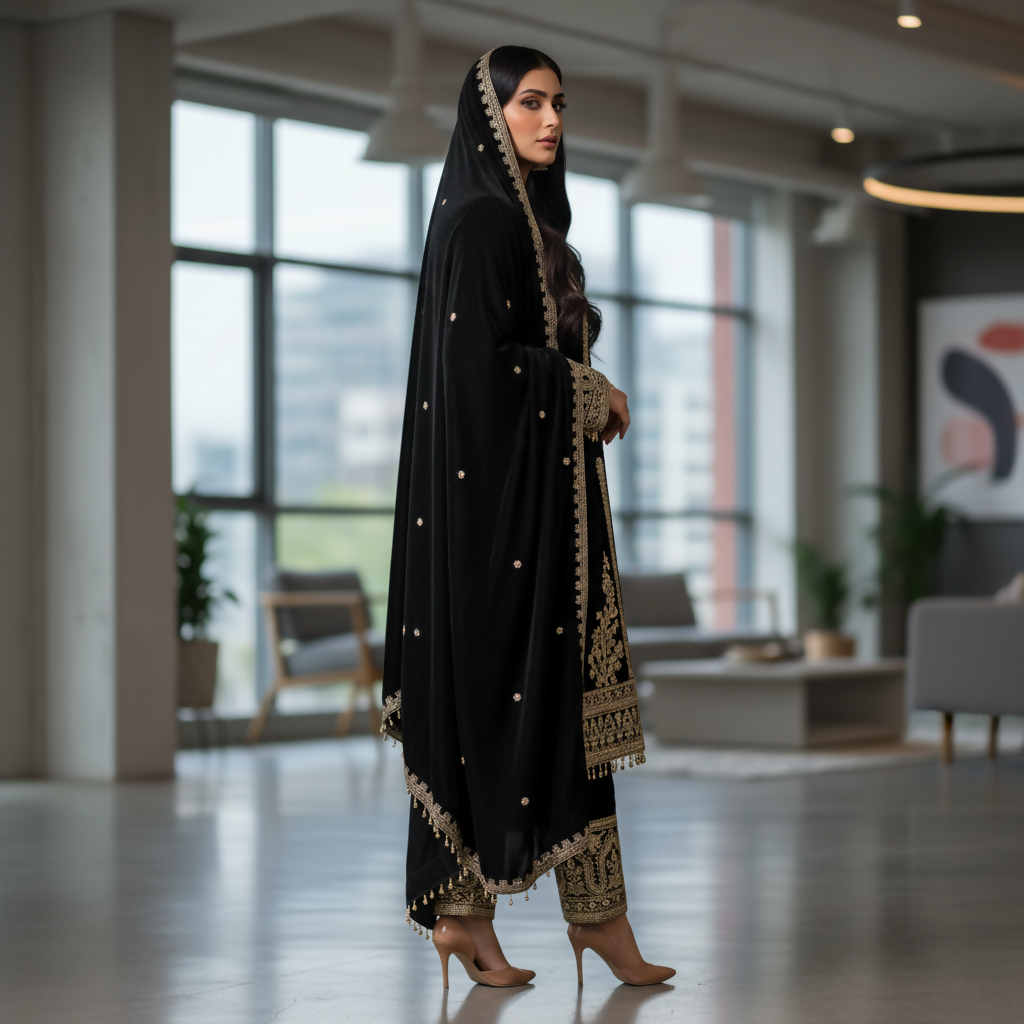Joban Fashion Black Kurta Set Velvet Embroidery Sequence Work - Distacart
