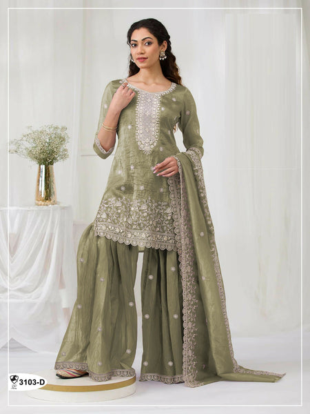 Anaita Green Gold Crush Stitched suit with heavy embroidery work