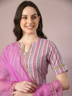 Myshka Women's Multi Printed Cotton Straight Party Kurta Set With Dupatta