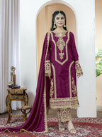Teeya Creation Wine Color Chinnon Silk Embroidery Work Fully Stitched Salwar Suit - Distacart