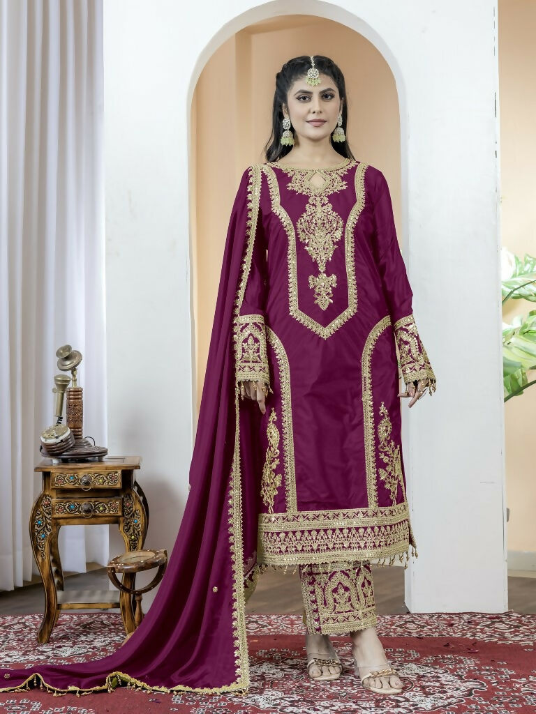 Teeya Creation Wine Color Chinnon Silk Embroidery Work Fully Stitched Salwar Suit - Distacart