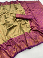 DEIANA'S Beautiful Designer Golden zari Soft Lichi Silk Saree - Pista