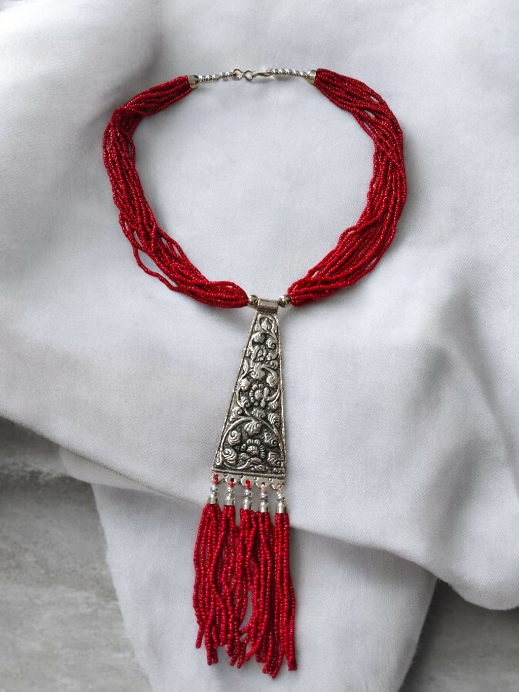 Inhanns Day-To-Dinner Tie Shaped Oxidized Black Metal Multi-Layered Long Only Necklace - Red Necklace