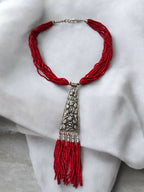 Inhanns Day-To-Dinner Tie Shaped Oxidized Black Metal Multi-Layered Long Only Necklace - Red Necklace