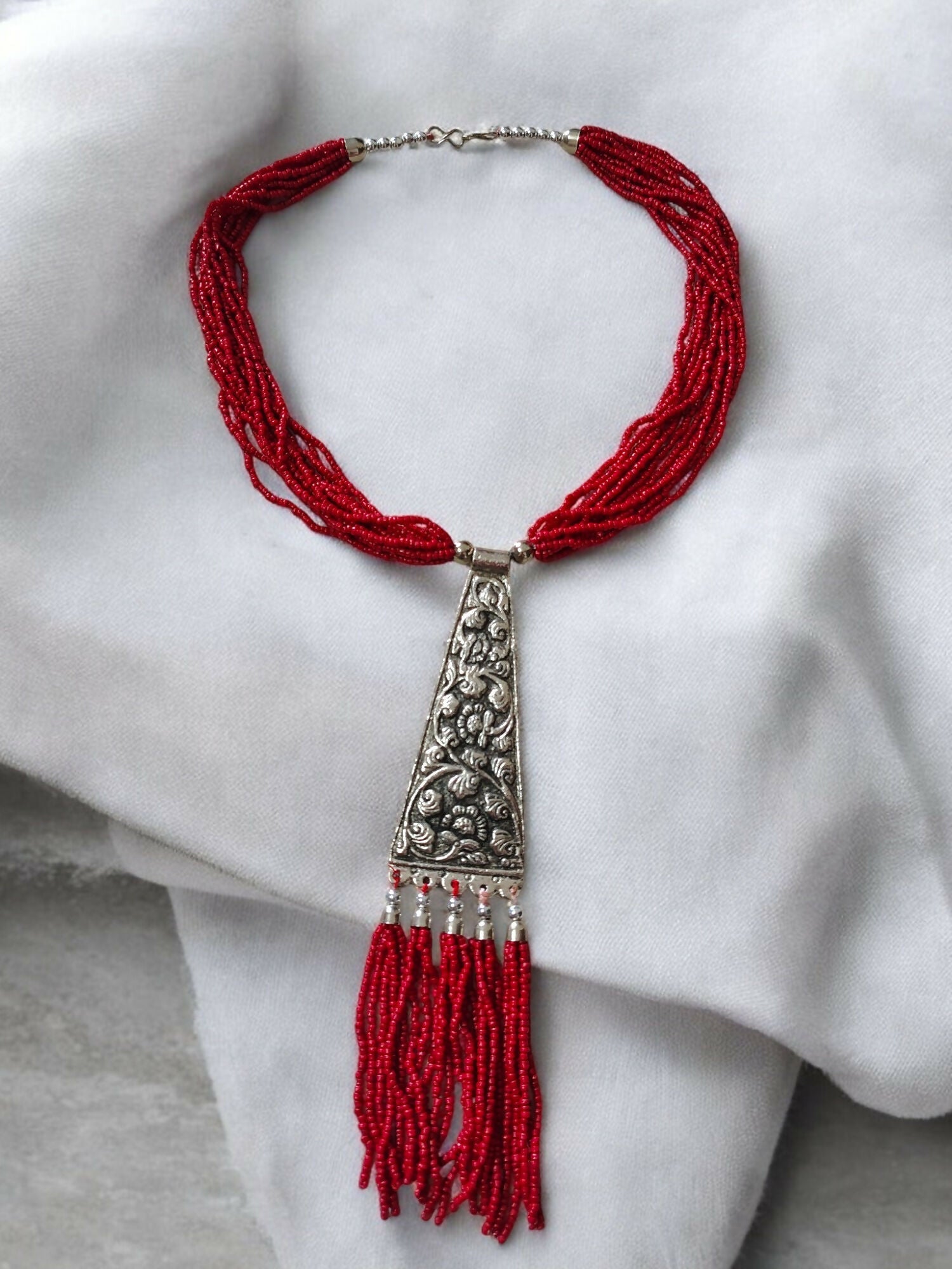 Inhanns Day-To-Dinner Tie Shaped Oxidized Black Metal Multi-Layered Long Only Necklace - Red Necklace