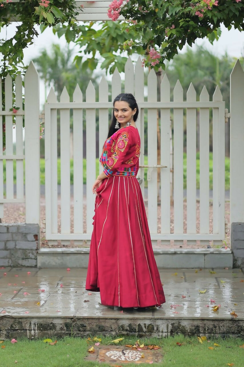 Teeya Creation Maroon Colour Roman Silk With Gamathi Work Navratri Lehenga Choli