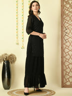 Myshka Women's Black Georgette Kurti & Skirt With Dupatta Party Sets