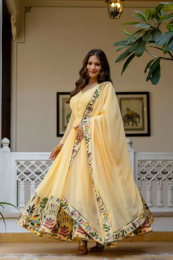 Teeya Creation Yellow Color Faux Georgette Heavy Embroidery Work Party Wear Long Gown - Distacart