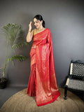 Joban Fashion Red Floral & Paisley Motifs Soft Satin Silk Banarasi Saree - Distacart