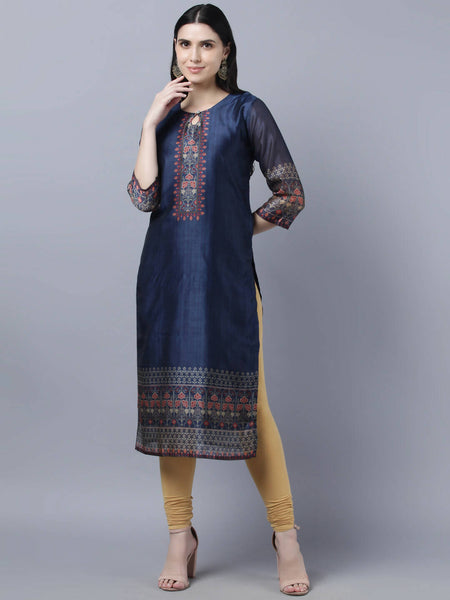 Myshka Women Navy Blue Ethnic Motifs Printed Keyhole Neck Chanderi Silk Kurta