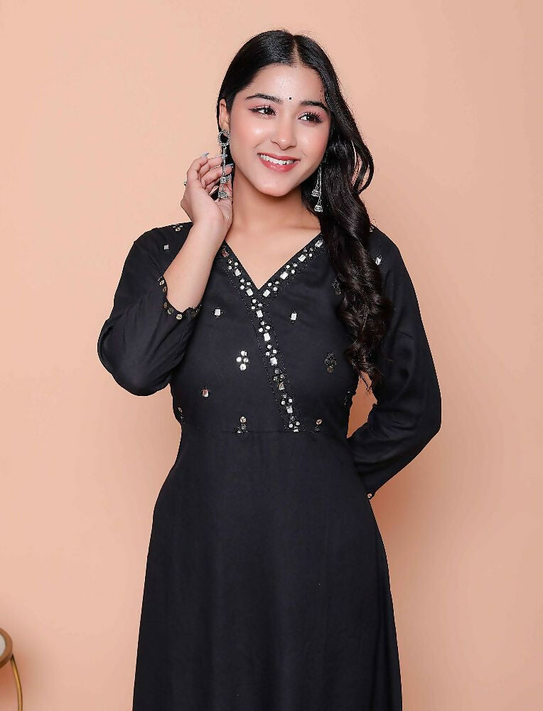 Miravan Womens Black Mirror Work Angrakha Kurta And Palazzo Set - Distacart