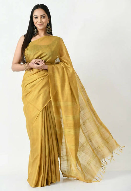 Mominos Fashion Moeza Golden Bhagalpuri Handloom 8 Line Ghichha Silk Saree with unstitched Blouse piece