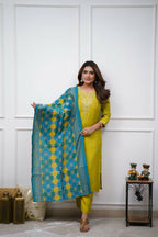 The52 Lemon Beautiful Embroidered Viscose Chanderi Fabric Straight Kurta Pant with Dupatta Set - Distacart