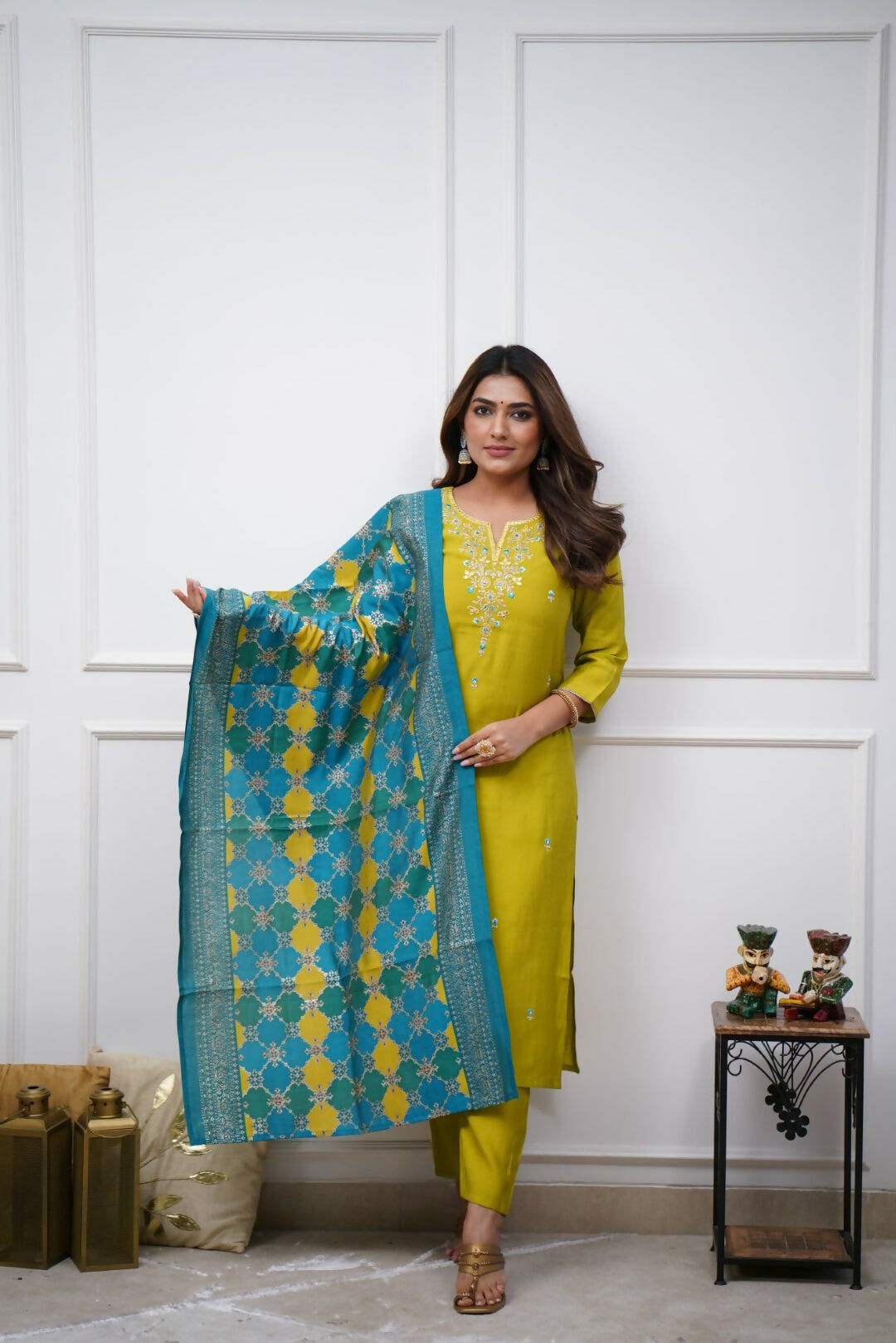 The52 Lemon Beautiful Embroidered Viscose Chanderi Fabric Straight Kurta Pant with Dupatta Set - Distacart