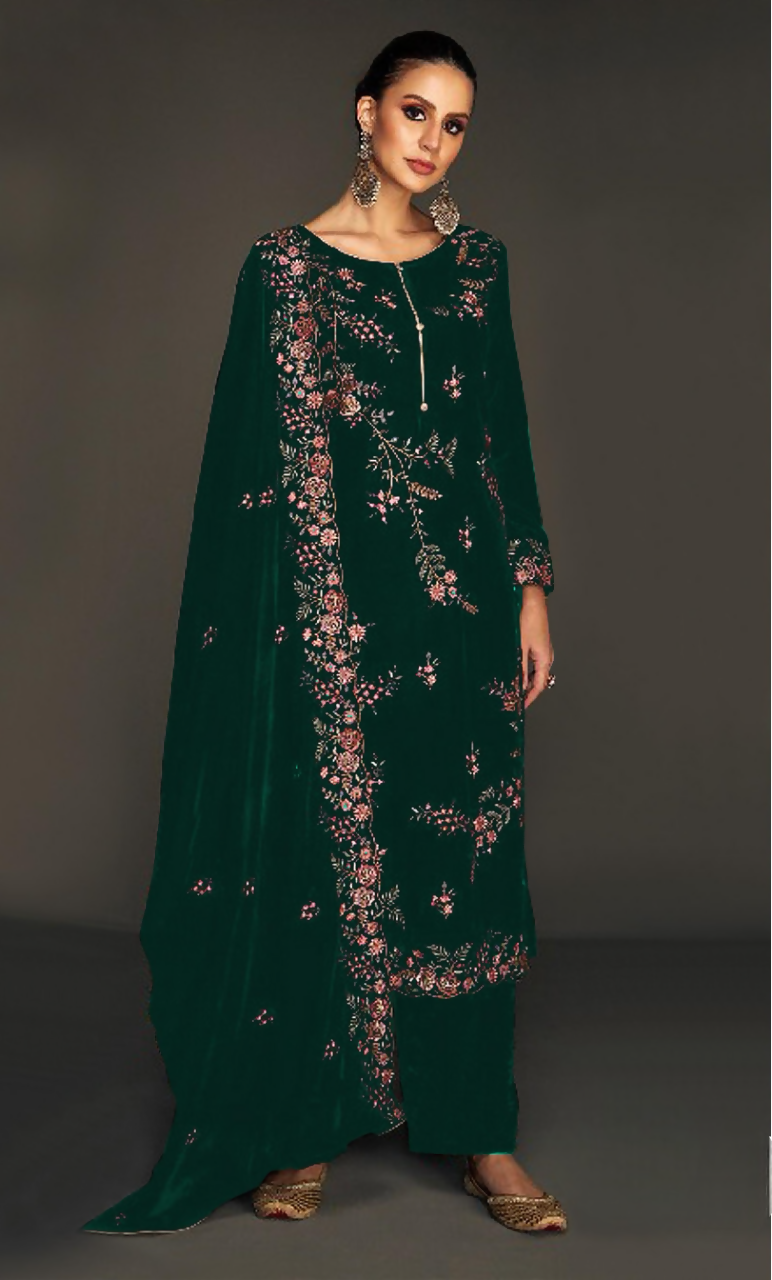 Anaita Green Pure Velvet Stitched Suit with Heavy Embroidery Sequence Work - Distacart