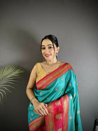 Joban Fashion Sea Green Banarasi Soft Silk Woven Butti Saree - Distacart