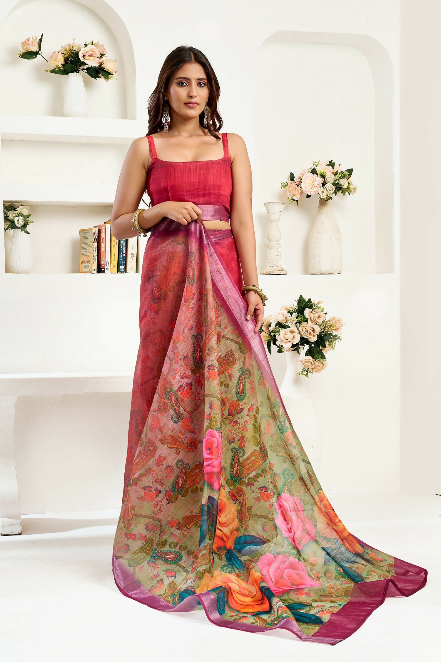 Joban Fashion  Onion Pink Floral Linen Ready To Wear Saree With Unstitched Blouse - Distacart