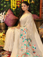 Shree Shyam Fashion Linen Cotton Cream Saree - Distacart