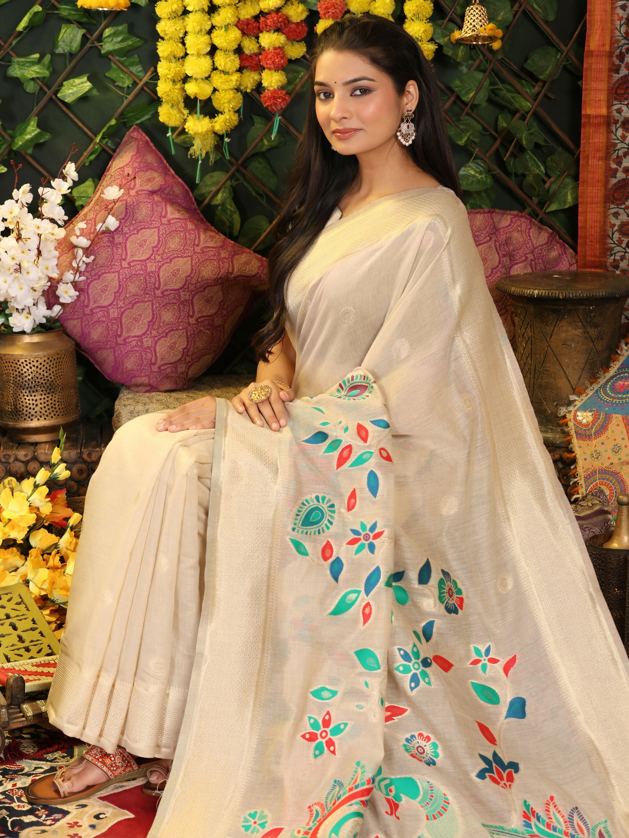 Shree Shyam Fashion Linen Cotton Cream Saree - Distacart
