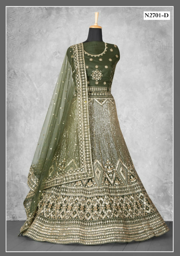 Dark Green Net Cord With Sequence Work Lehenga Choli - Nimaya Ishani