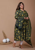 Miravan Women's Plus Size Floral Green Printed Cotton Anarkali Kurta With Dupatta