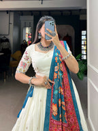 Vastranavya Traditional Special Khadi Cotton Sequins And Thread Embroidery Work Lehenga with Unstitched Blouse - White