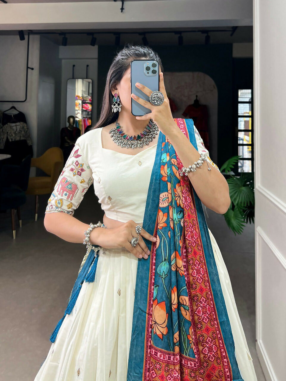 Vastranavya Traditional Special Khadi Cotton Sequins And Thread Embroidery Work Lehenga with Unstitched Blouse - White