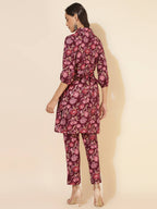 Janasya Women's Purple Cotton Floral Printed Casual Straight Kurta Set