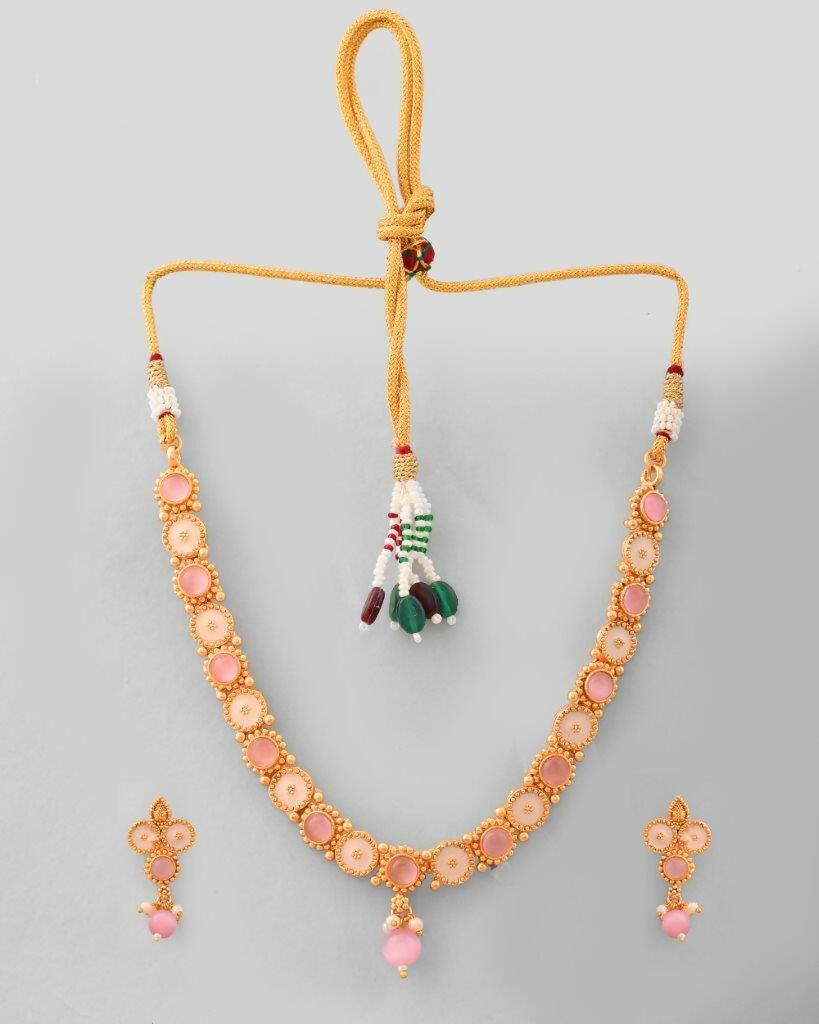 VOJ Gold Tone Pink Stone Studded Jewellery Set