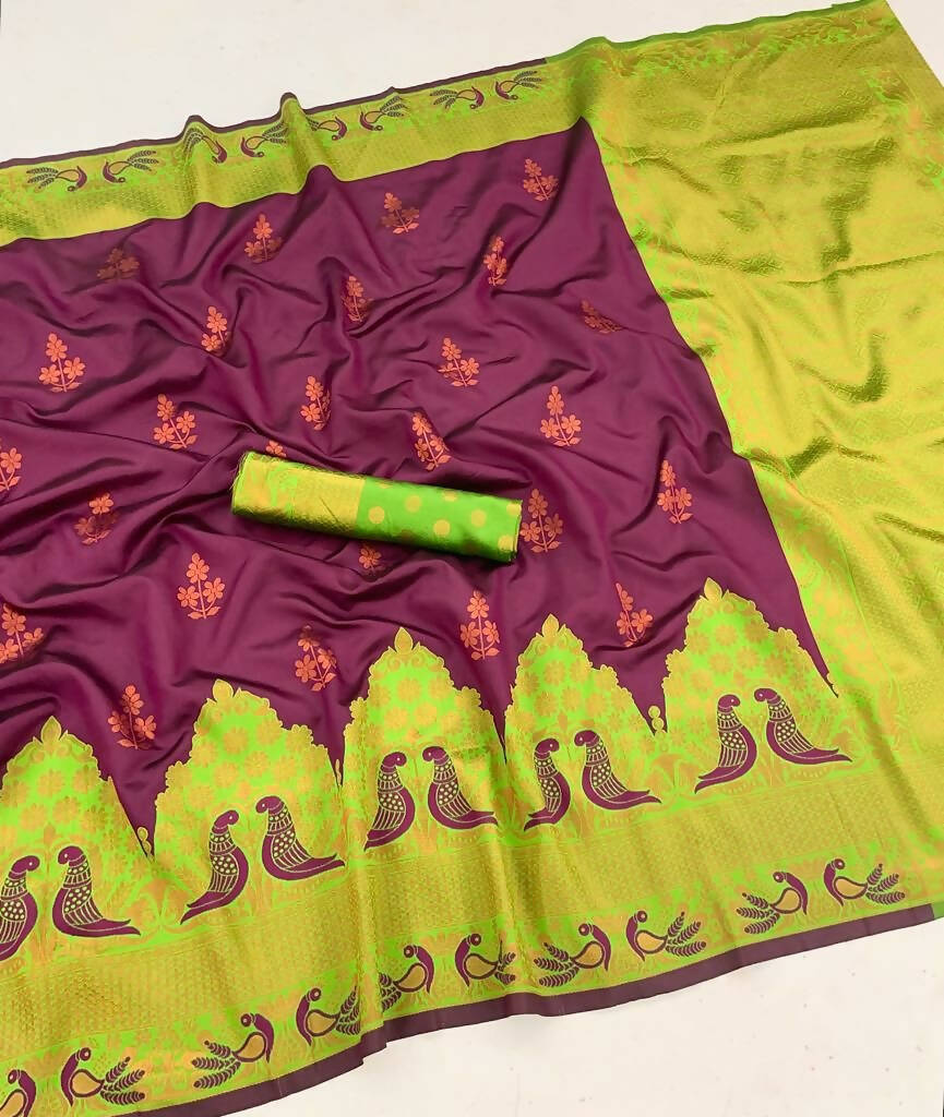 DEIANA'S Beautiful Designer Golden zari Soft Lichi Silk Saree - Wine