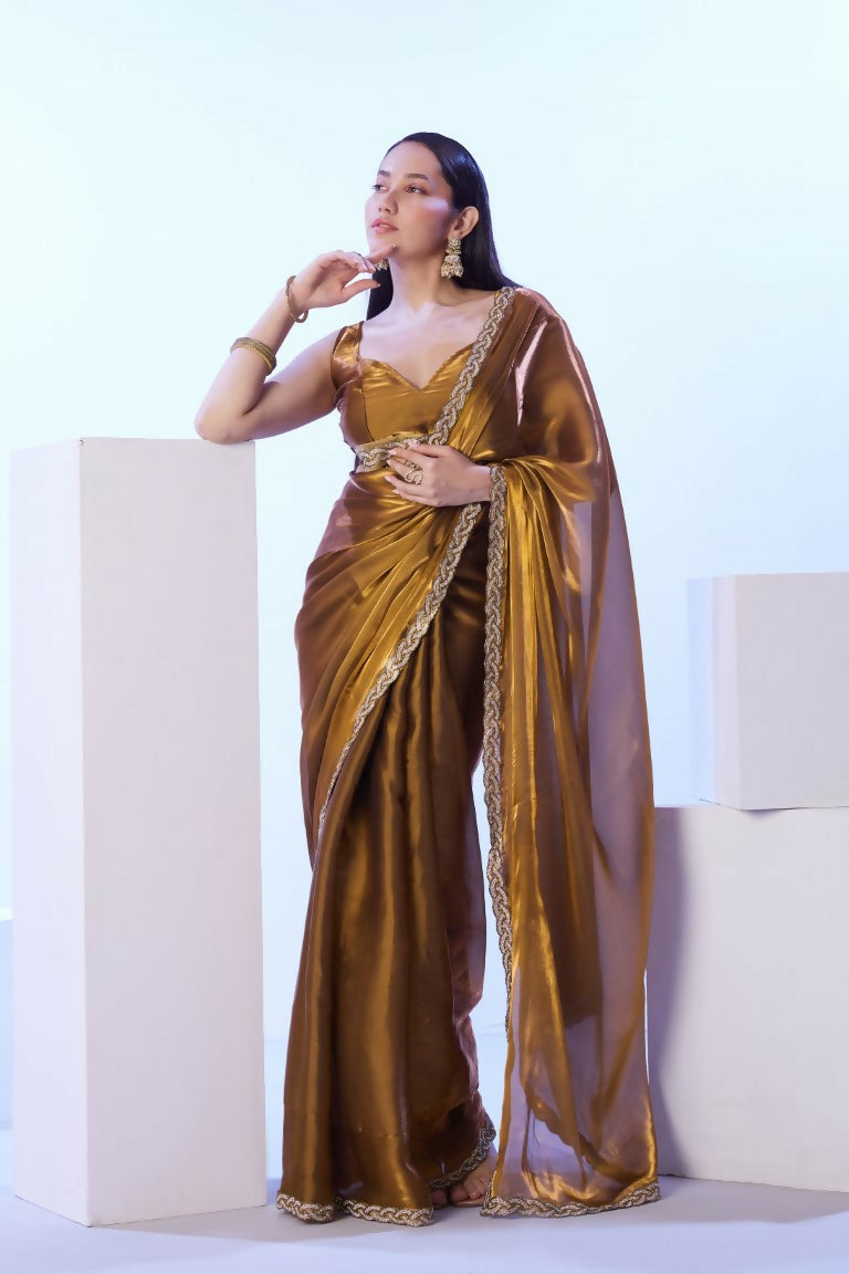 Gold Satin Jimmy Choo Solid Designer & Lace Work Saree - Samaa