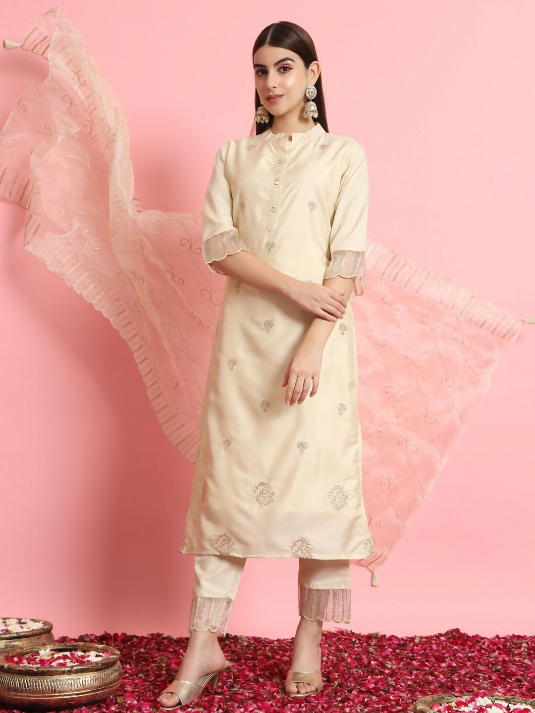 Vellora Elegant Beige Silk Blend Casual Wear Embroidered Salwar Suit